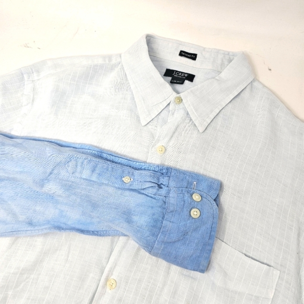 J Crew Men's Long Sleeve 100% Linen Shirt‎ Tie-Dye Gradient Blue Design Size L.